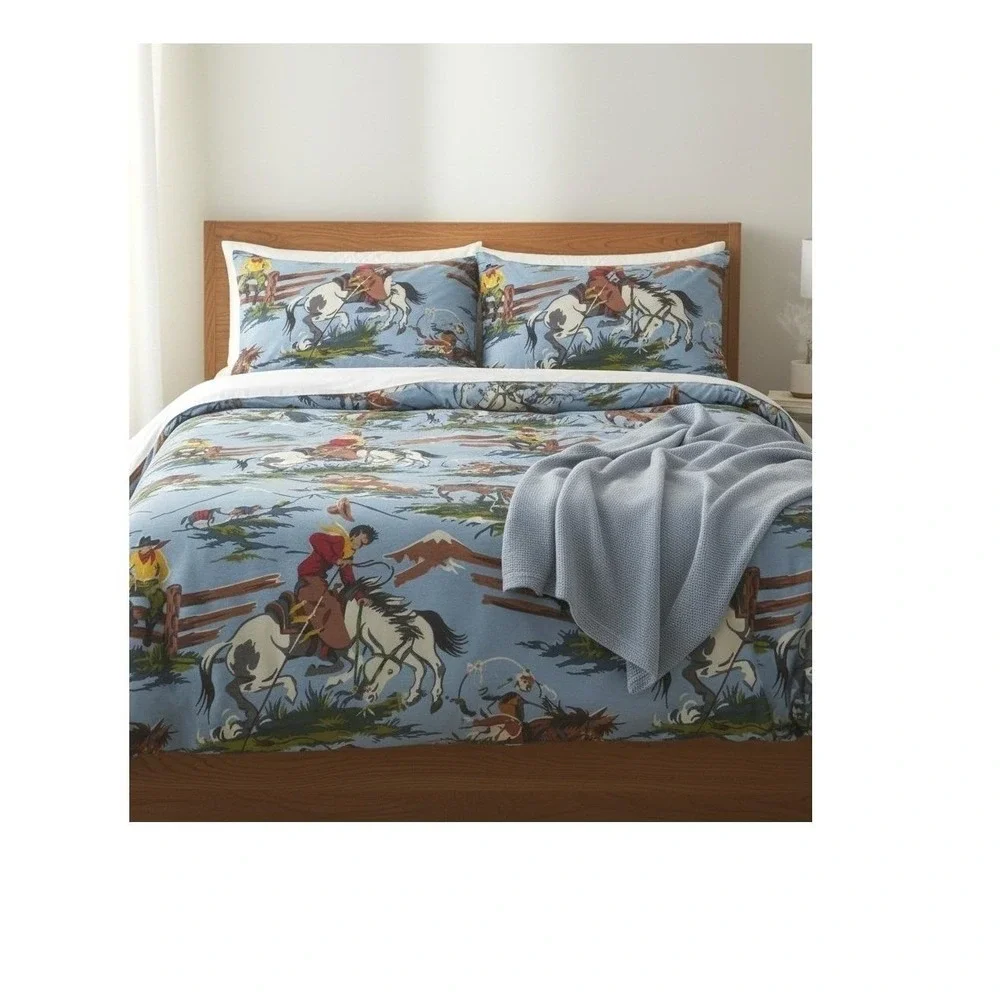 Vintage Nick & Nora Rio Grande Western Cowboy Queen Sheet Set Blue Jersey NEW